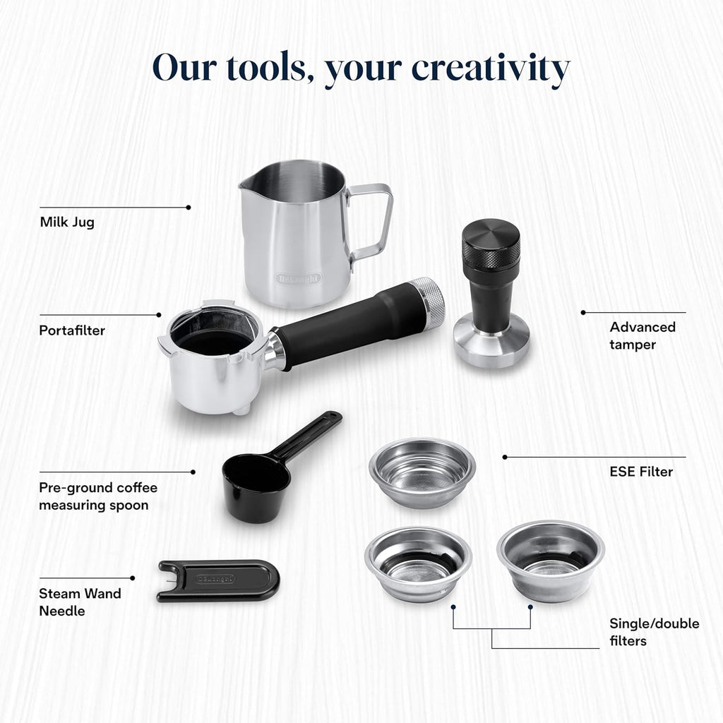 De'Longhi Dedica Duo - Perfetto Kompakte Siebträgermaschine Espressomaschine mit Soft-Touch-Icons, manuellem Milchaufschäumer für Espresso, Cappuccino und Cold Brew, 15cm breit, Metall (EC890.M)