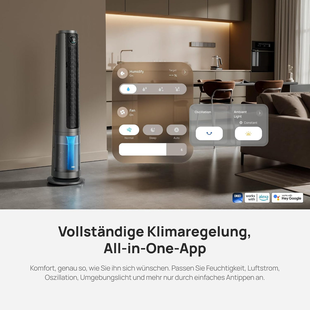 DREO TurboCool Nebelventilator 765S, 3-in-1 Turmventilator mit Ultraschall, WLAN & App-Steuerung, 6 L Tank, 10.4 m/s Luftstrom, 20 dB leiser DC-Motor, 90° Oszillation, 12 Geschwindigkeiten, 4 Modi