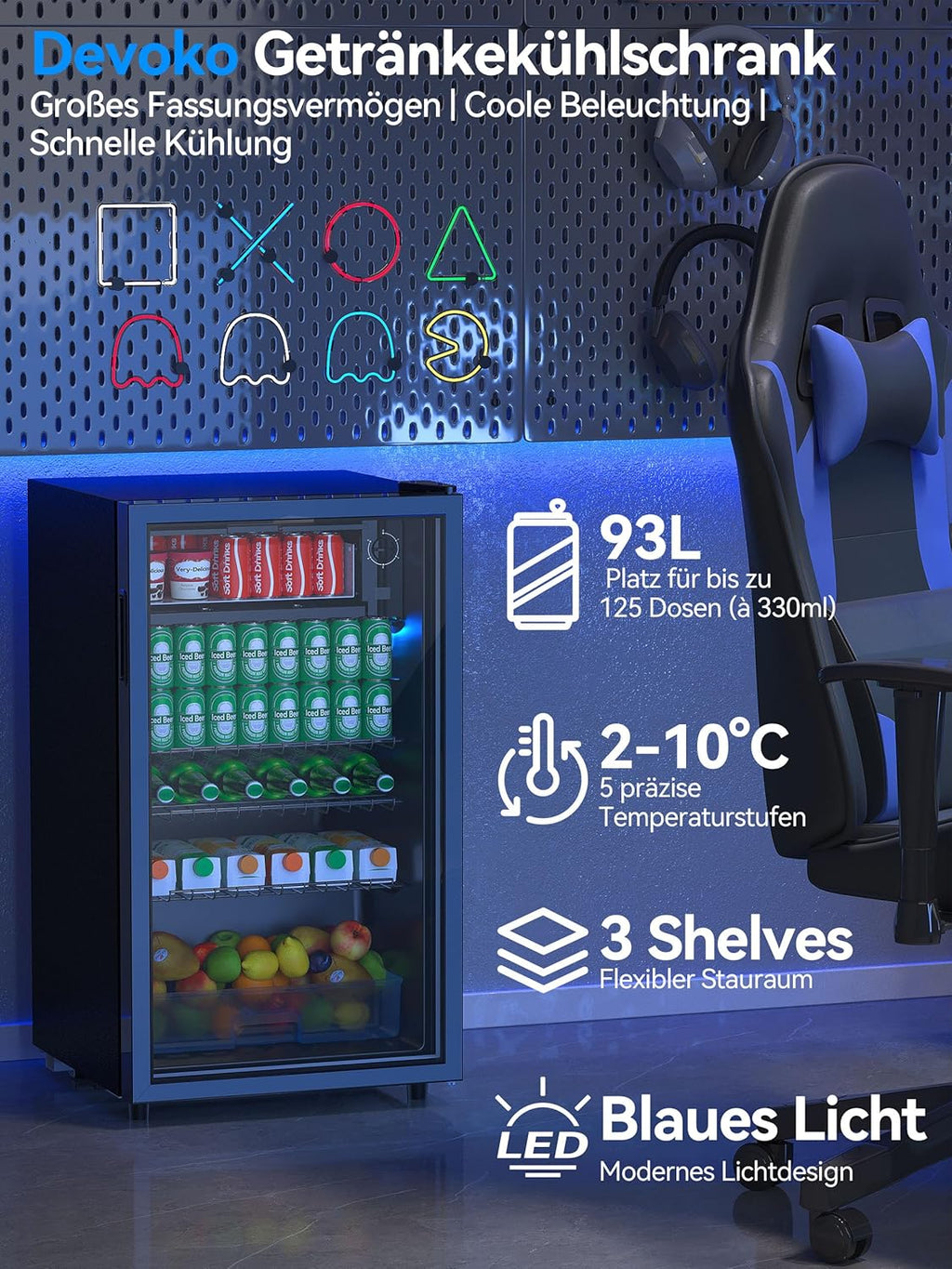 Devoko Getränkekühlschrank mit Glast,93L Minikühlschrank,mit RGB LED Lichtern,verstellbare Einlegeböden, Indoor/Outdoor,für zu Hause, Büro, Partys & Gastro,Minibar, Kühlschrank Schwarz