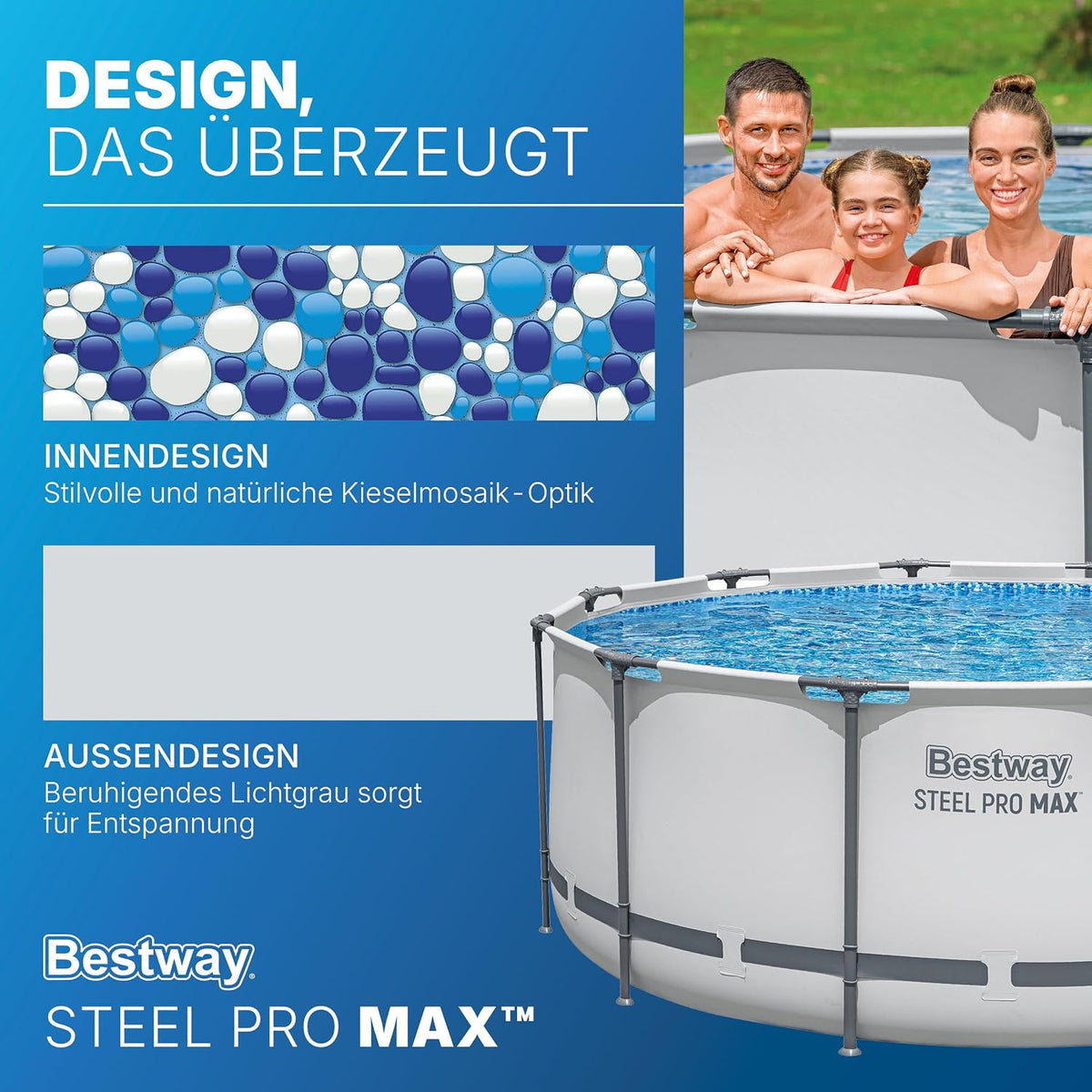 Bestway® Steel Pro MAX™ Aufstellpool Komplett-Set mit Filterpumpe Ø 366 x 122 cm, lichtgrau, rund