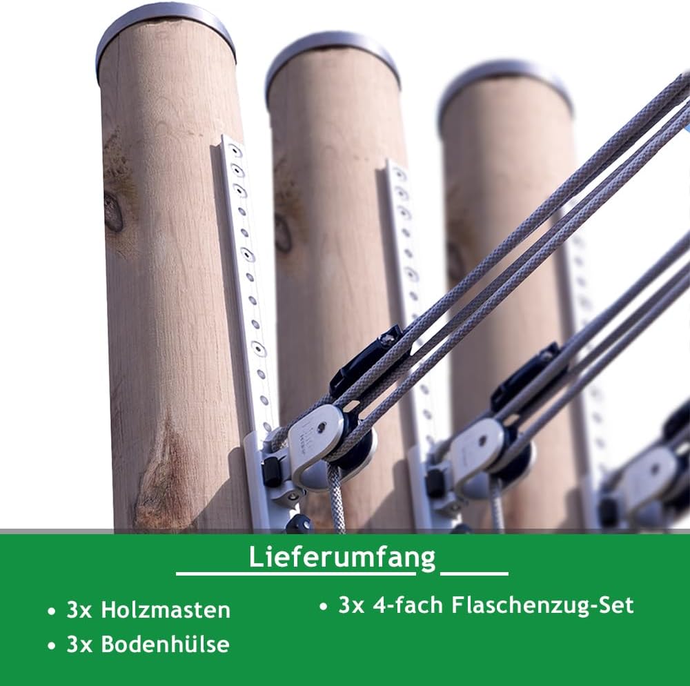 Sonnensegel Holzpfosten Set: aus Robinie höhenverstellbar 3m, inkl. Zubehör - 4-Fach Flaschenzug-Set & 0,75m Bodenhülse | Befestigung für sehr große Segel (100mm) (3er Set)