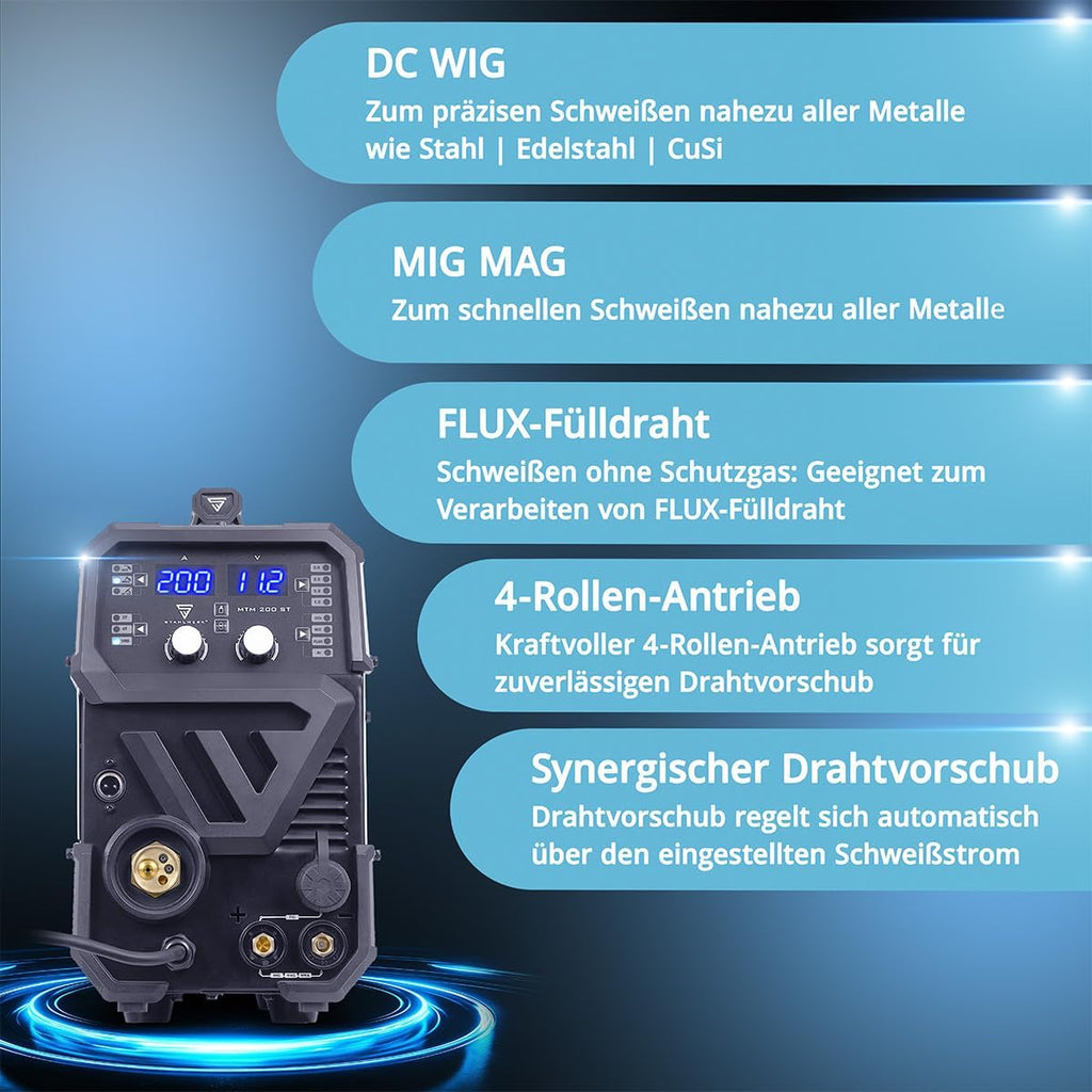 STAHLWERK Schutzgasschweißgerät 3-in-1 Kombi MTM-200 ST – Vollausstattung – WIG, MIG/MAG, MMA/E-Hand bis 200 A, synergischer Drahtvorschub, 4-Rollen-Antrieb, Fülldraht geeignet, Stahl, Dünnblech