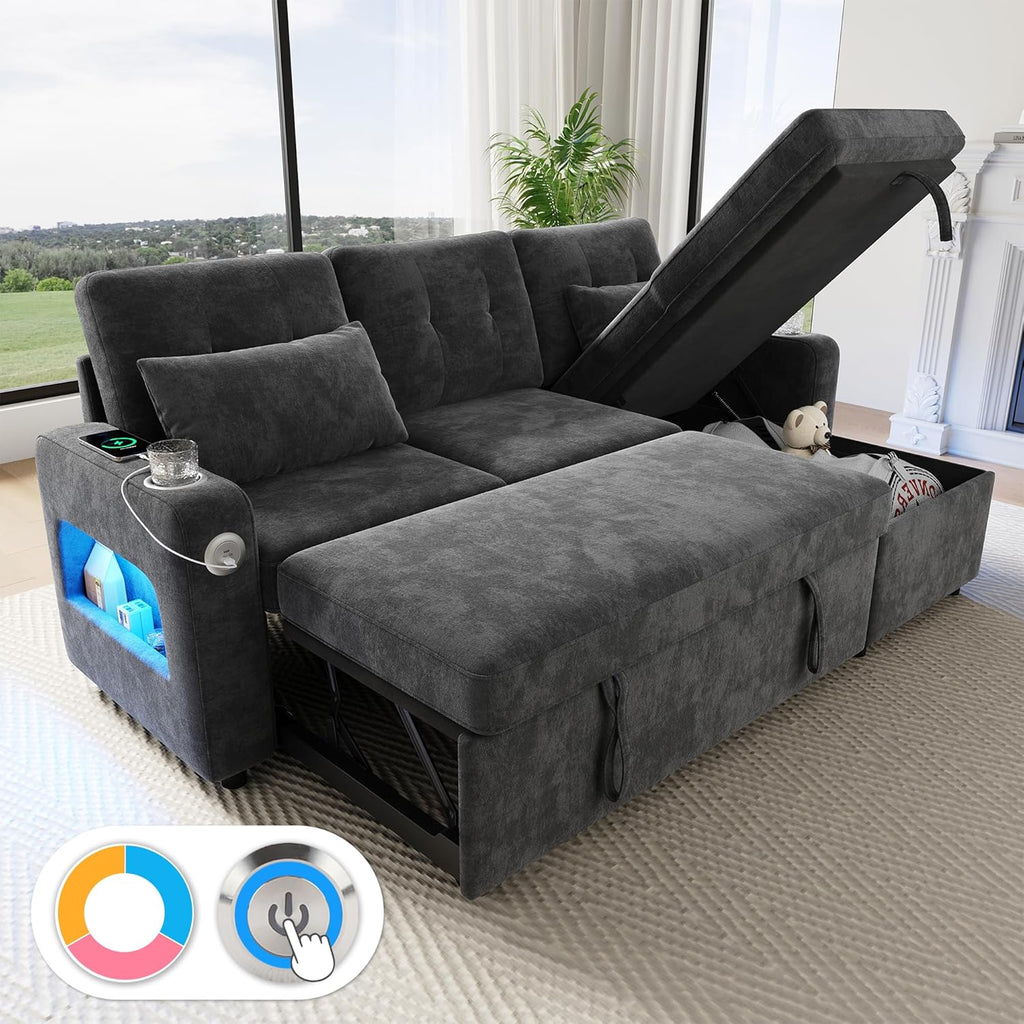 Merax Sofa Ecksofa mit Schlaffunktion und Bettkasten, Praktisches Schlafsofa mit Stauraum, LED-Beleuchtung, USB/Typ-C und 2 Getränkehalter, Ausziehbares Schlafcouch L-Form, Chenille Stoff, Grau