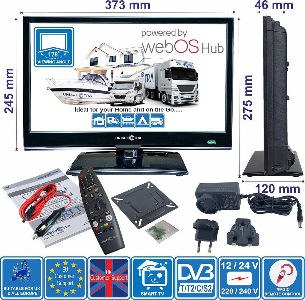 Unispectra® 16“ Smart TV (webOS) Full HD 230V 24V Triple Tuner: Sat, Antenne, Kabel TV, 3xHDMI, 2xUSB, Magic Remote. 12V Fernseher für Wohnmobile, Wohnwagen, LKWs, Lieferwagen, Boote