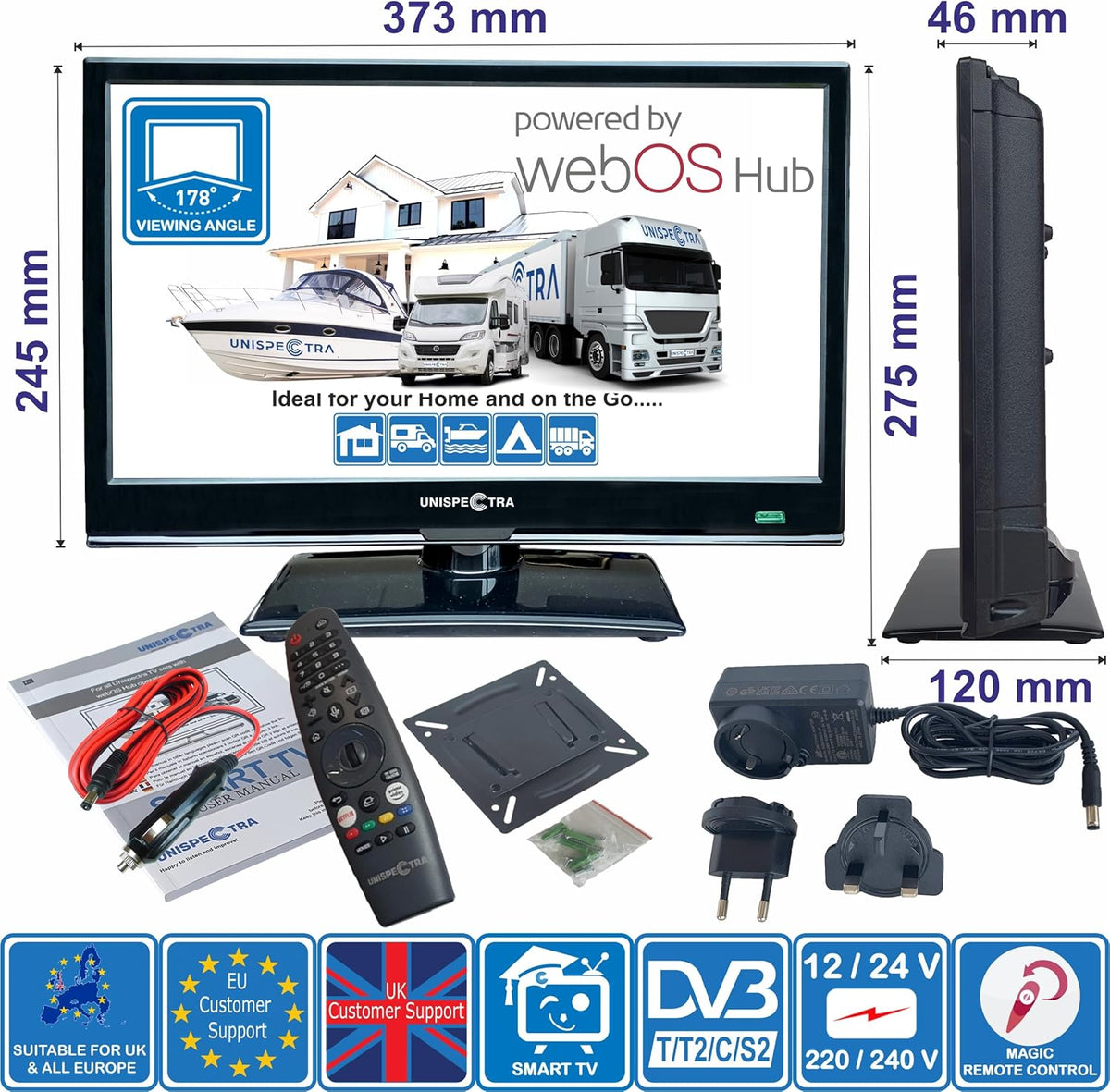 Unispectra® 16“ Smart TV (webOS) Full HD 230V 24V Triple Tuner: Sat, Antenne, Kabel TV, 3xHDMI, 2xUSB, Magic Remote. 12V Fernseher für Wohnmobile, Wohnwagen, LKWs, Lieferwagen, Boote