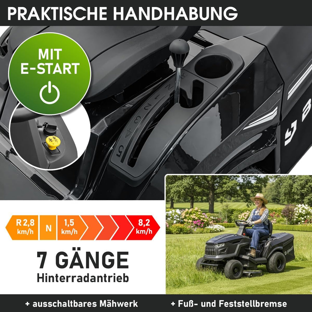 BRAST Benzin Rasentraktor Aufsitzmäher 9,2 kW (12,5 PS) Elektrostart XXL Schnittbreite 98cm 2in1-Funktion 7-Gang-Getriebe 245L Fangkorb für große Rasenflächen 1.000-5.000 m2