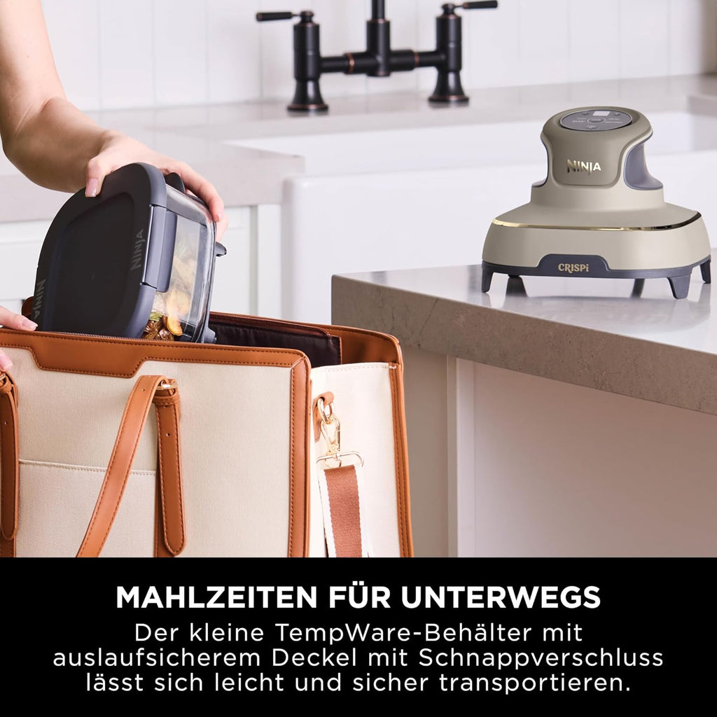 Ninja CRISPi tragbare Air fryer Heißluftfritteuse, 3,8 l, 4-in-1: Heißluftfrittieren, Braten, Warmhalten, Recrisp, 6 Portionen, 2x herausnehmbare Glasbehälter & Deckel, 1700 W, Stone Gold FN101EUSTGD
