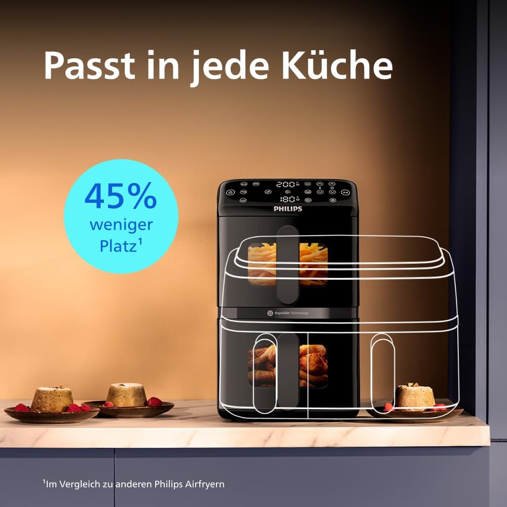 Philips Airfryer 4000 Series Stacked Dual Basket, Gestapelte Heißluftfritteuse 2 Kammern, 10L, RapidAir Technologie, 45% weniger Platzbedarf, PFAS-freie Keramikbeschichtung, Sichtfenster (NA460/00)