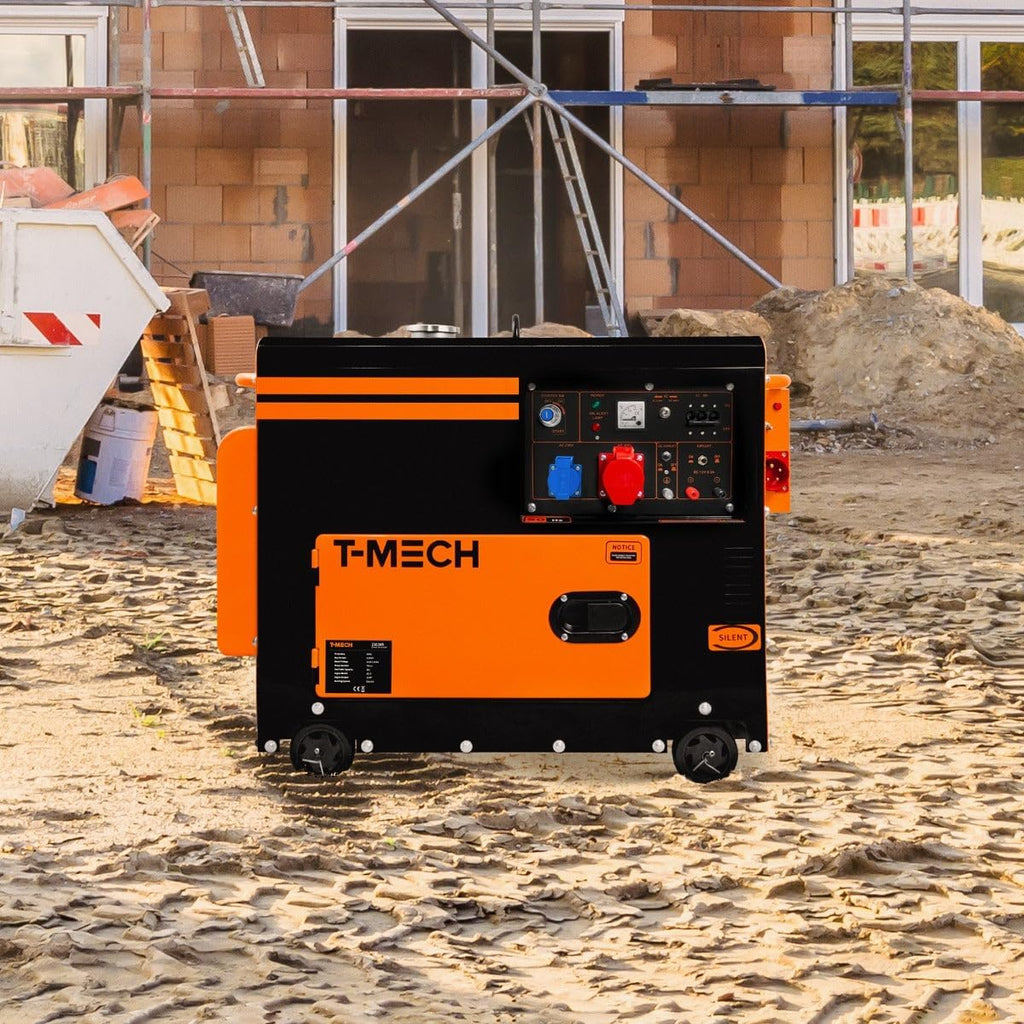 Leiser Dieselgenerator, dreiphasig, ATS, 6,5 kVA, 6500 W, 13 PS, 230 V, 400 V, Elektrostart, geschlossener Rahmen, Notfallstrom, 4 tragbare Räder, schwarzer pulverbeschichteter Stahl, 20 l