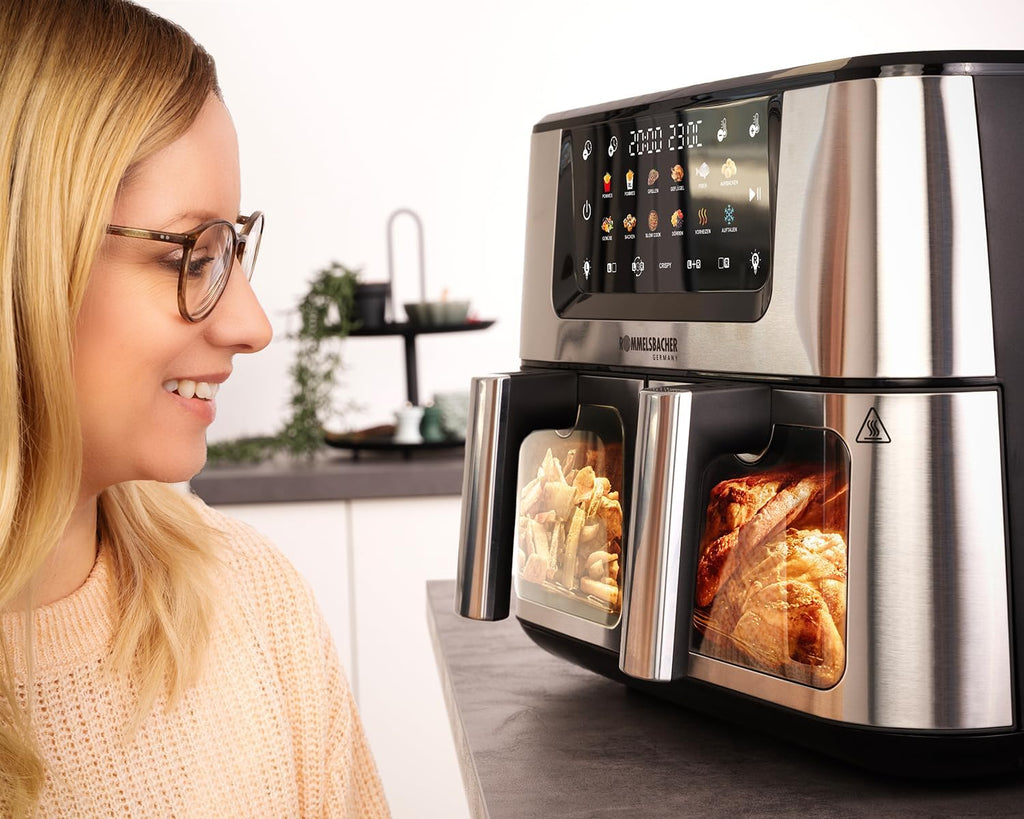 ROMMELSBACHER Doppel Heißluft Fritteuse FRH 2650, 2 Körbe a 5,5 Liter, 40 bis 230 °C, 12 Programme, Sichtfenster, Innenraumbeleuchtung, PFAS-frei, Match-und Sync-Funktion, gleichmäßige Wärmeverteilung