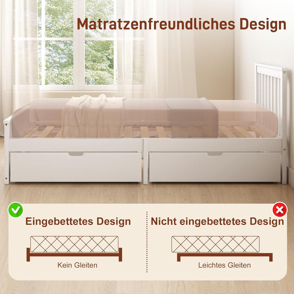 HOMCOM Bett 90 x 200 cm Bettrahmen mit Lattenrost aus Holz, Schublade, Unterbettaufbewahrung, Einzelbett, Holzbett mit Kopfteil, Bettgestell für Schlafzimmer, Gästezimmer, Weiß
