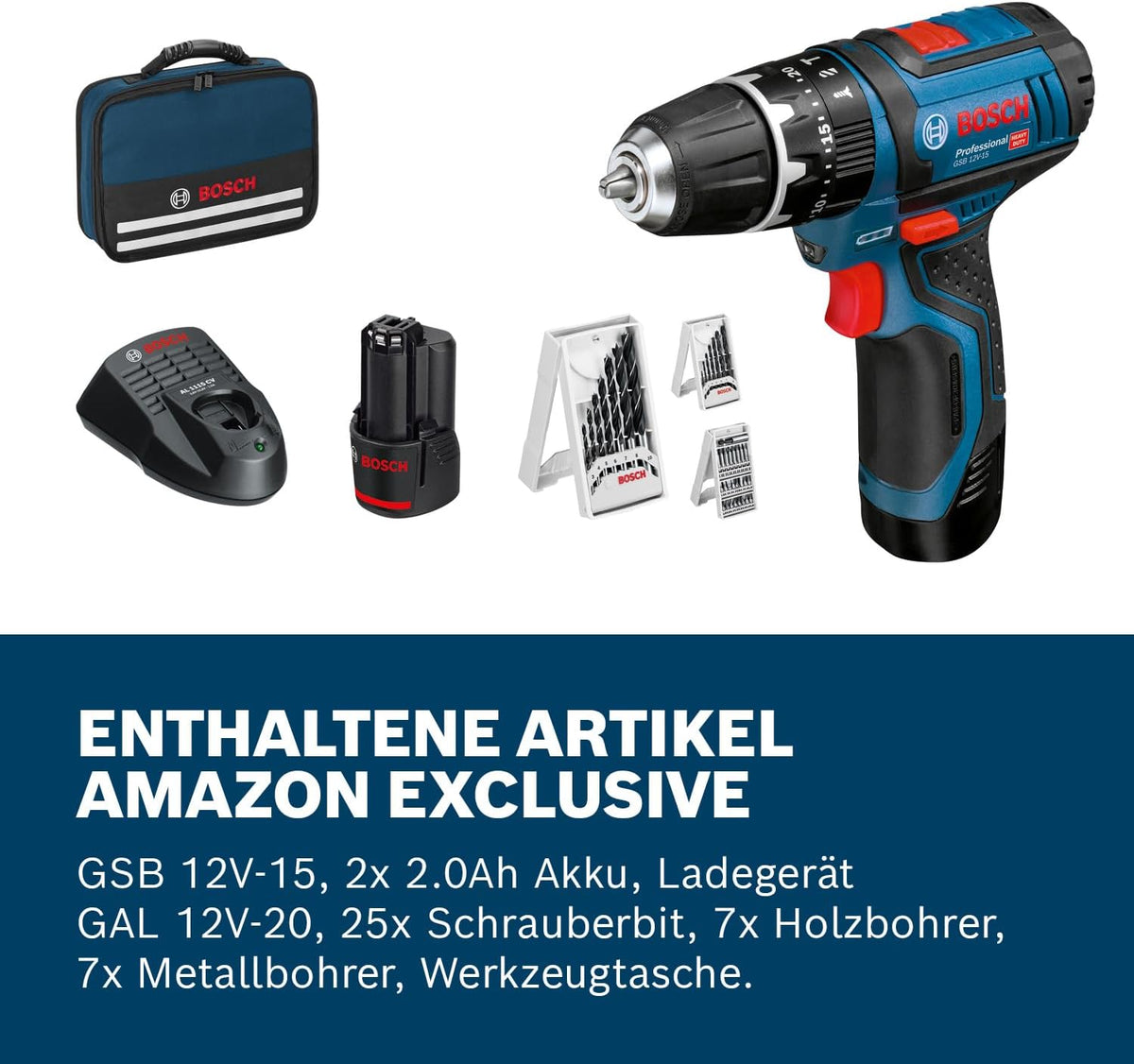 Bosch Professional 12V System Akku Schlagbohrschrauber GSB 12V-15 (Bohr-Ø Holz max: 19 mm, inkl. 2x 2.0Ah Akku + Ladegerät, 2x Bohrer-Set, 1x Bit-Set, Werkzeugtasche) - Amazon Exclusive