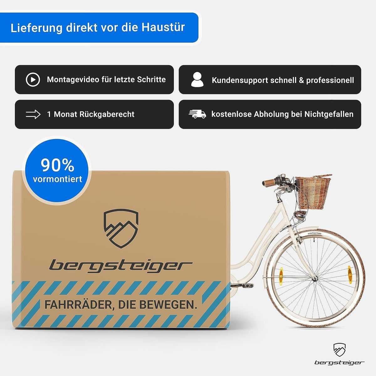 Bergsteiger Marseille 26, 28 Zoll Damenfahrrad, ab 150 cm, Korb aus Rattan, Fahrrad-Licht, Damen-Citybike, Damenrad im Retro-Design«, 6 Gang Tourney Schaltung, Kettenschaltung