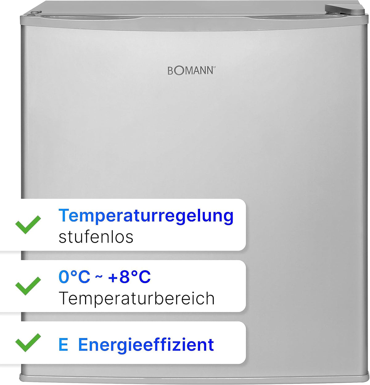 Bomann® Mini Kühlschrank 42 Liter | Getränkekühlschrank klein für Büro, Camping und Gaming | kleiner Kühlschrank leise 39 dB | Minibar mit wechselbarem Türanschlag | 51x45x45 cm | KB 7346 inox