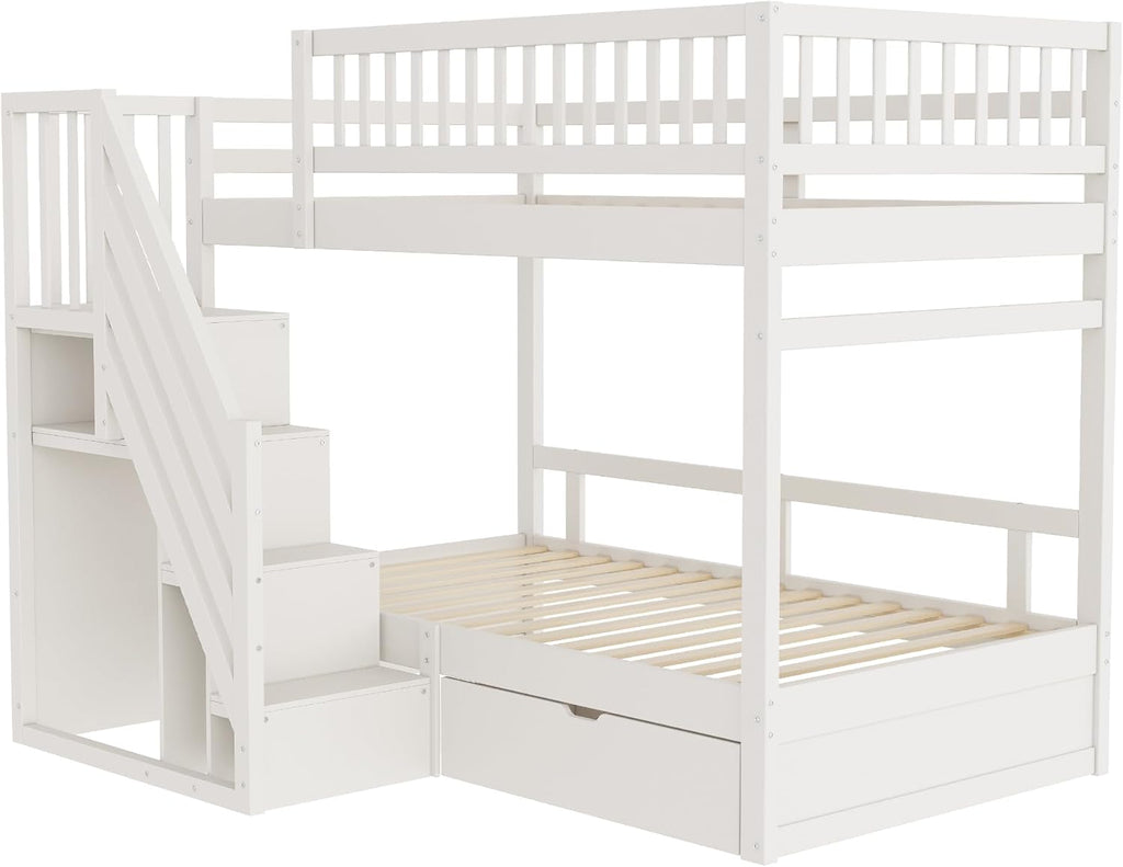 Kinderbett Etagenbett 90x200 Für 2 Kinder, Hochbett mit Treppe&Aufbewahrungsschrank&Schublade, Massivholz Funktionsbett Stockbett Jugendhochbett mit 2xLattenrost & Rausfallschutz, Ohne Matratze, Weiß