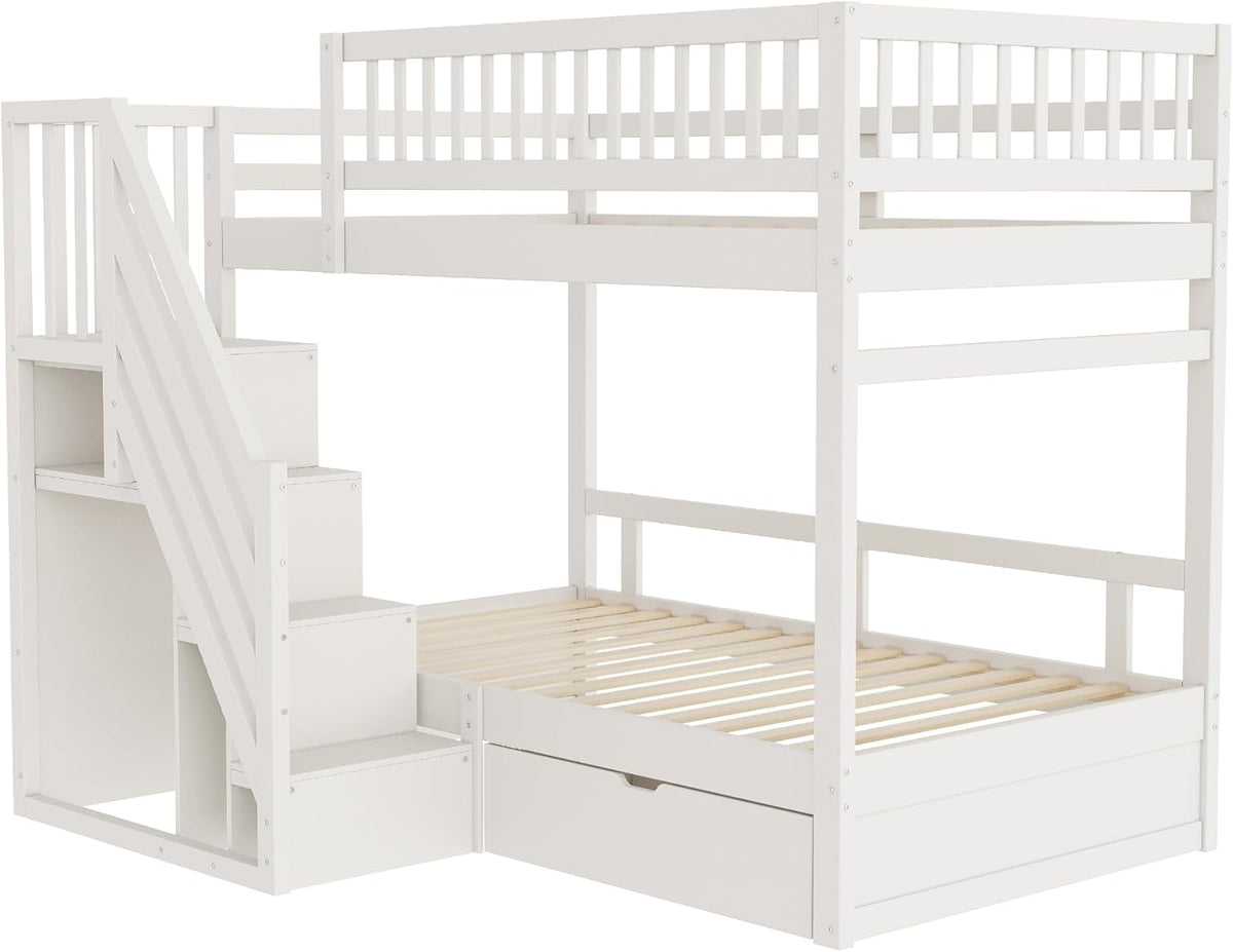 Kinderbett Etagenbett 90x200 Für 2 Kinder, Hochbett mit Treppe&Aufbewahrungsschrank&Schublade, Massivholz Funktionsbett Stockbett Jugendhochbett mit 2xLattenrost & Rausfallschutz, Ohne Matratze, Weiß