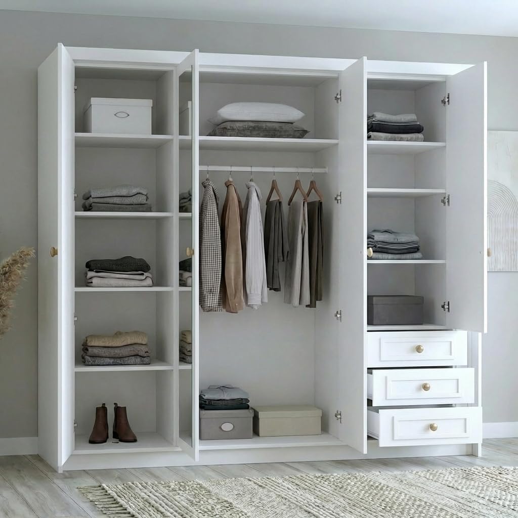 A und J MöbelLand Oslo Kleiderschrank 4-türig mit 3 Schubladen - 200 x 215 cm - Drehtürenschrank mit Kleiderstange und Einlegeböden, Modernes Design mit Metallgriffen