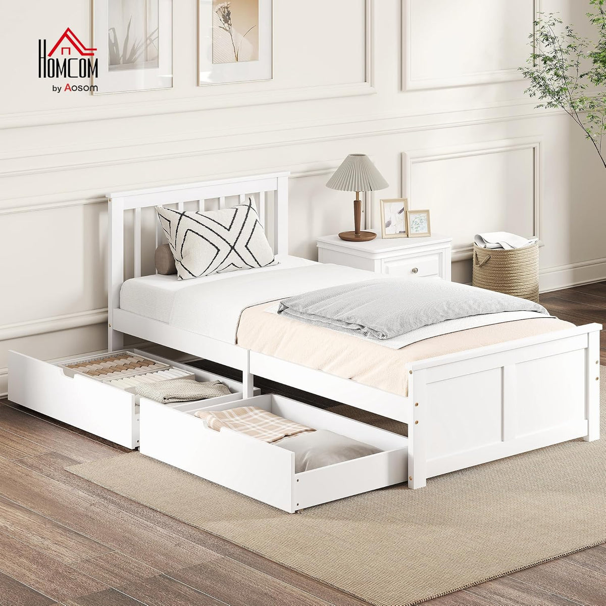 HOMCOM Bett 90 x 200 cm Bettrahmen mit Lattenrost aus Holz, Schublade, Unterbettaufbewahrung, Einzelbett, Holzbett mit Kopfteil, Bettgestell für Schlafzimmer, Gästezimmer, Weiß