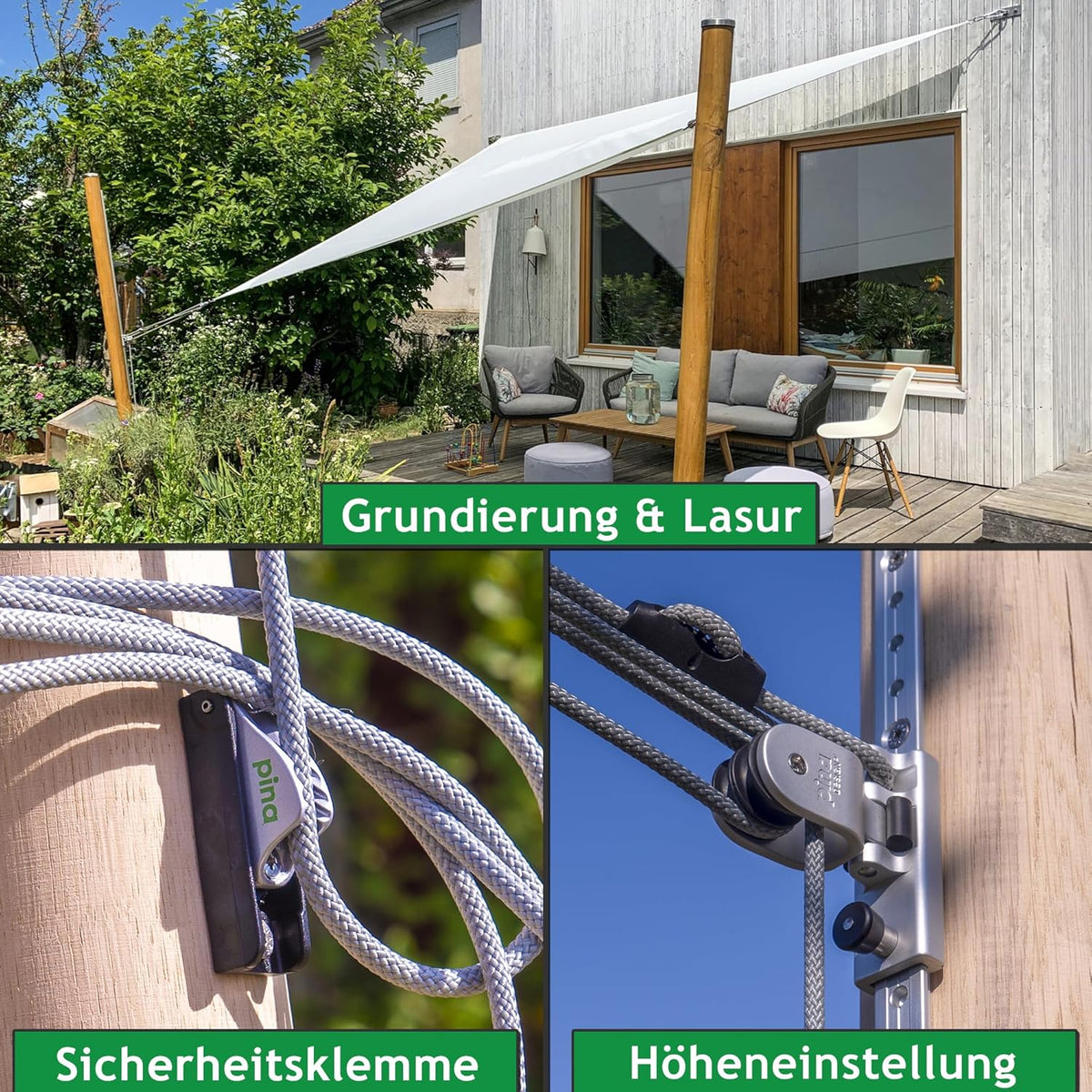 Sonnensegel Holzpfosten Set: aus Robinie höhenverstellbar 3m, inkl. Zubehör - 4-Fach Flaschenzug-Set & 0,75m Bodenhülse | Befestigung für sehr große Segel (100mm) (3er Set)