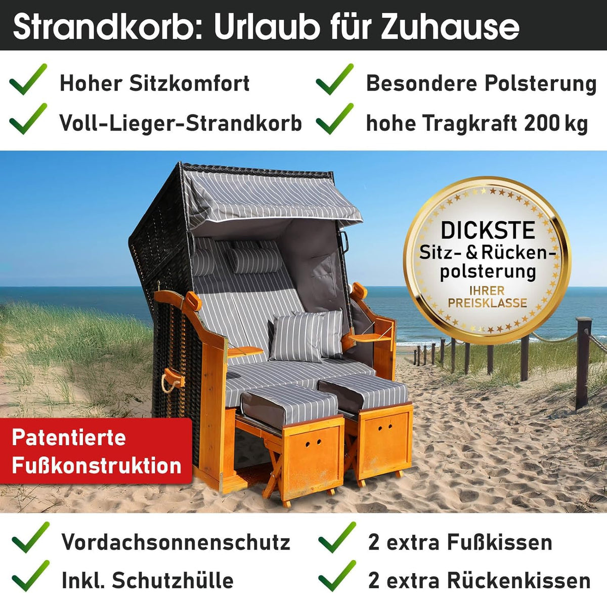 BRAST® Strandkorb Rügen Deluxe | für 2 Personen | 120cm breit | 5 Designs | inkl. wetterfeste Abdeckhaube | verstellbare Rückenlehne weiches Fußkissen | Anthrazit/Grau - gestreift