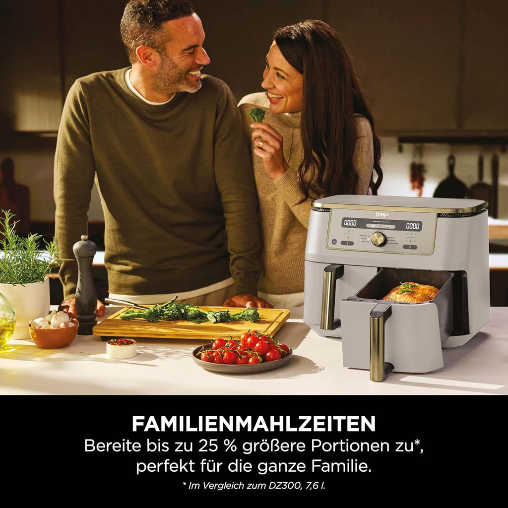 Ninja Dual Zone Digital Air Fryer, 2 Schubladen, 6-in-1, Heißluftfritteuse, 9,5L, Heißluft-Frittieren, Max Crisp, Rösten, Backen, Aufwärmen, Spülmaschinenfeste Körbe, Stone/Gold DZ400EUSTGD