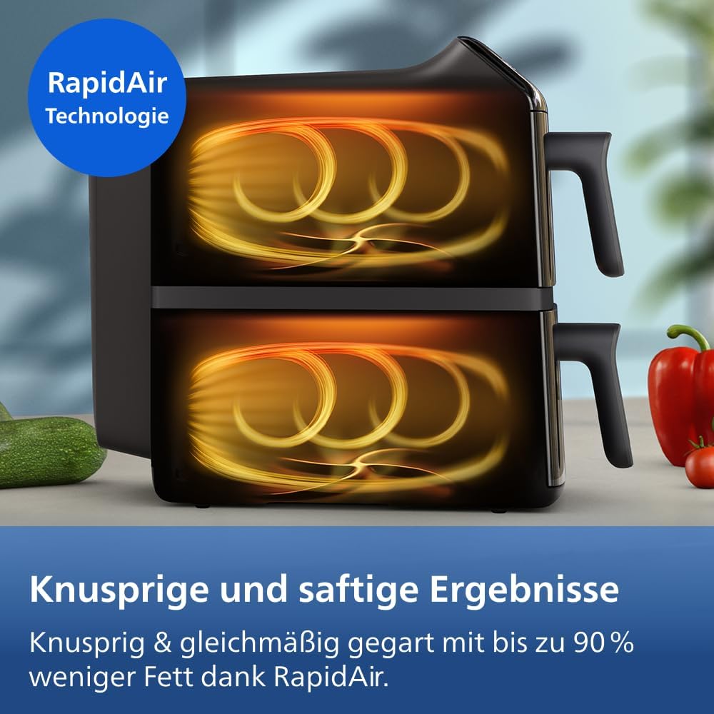 Philips Airfryer 4000 Series Stacked Dual Basket, Gestapelte Heißluftfritteuse 2 Kammern, 10L, RapidAir Technologie, 45% weniger Platzbedarf, PFAS-freie Keramikbeschichtung, Sichtfenster (NA460/00)