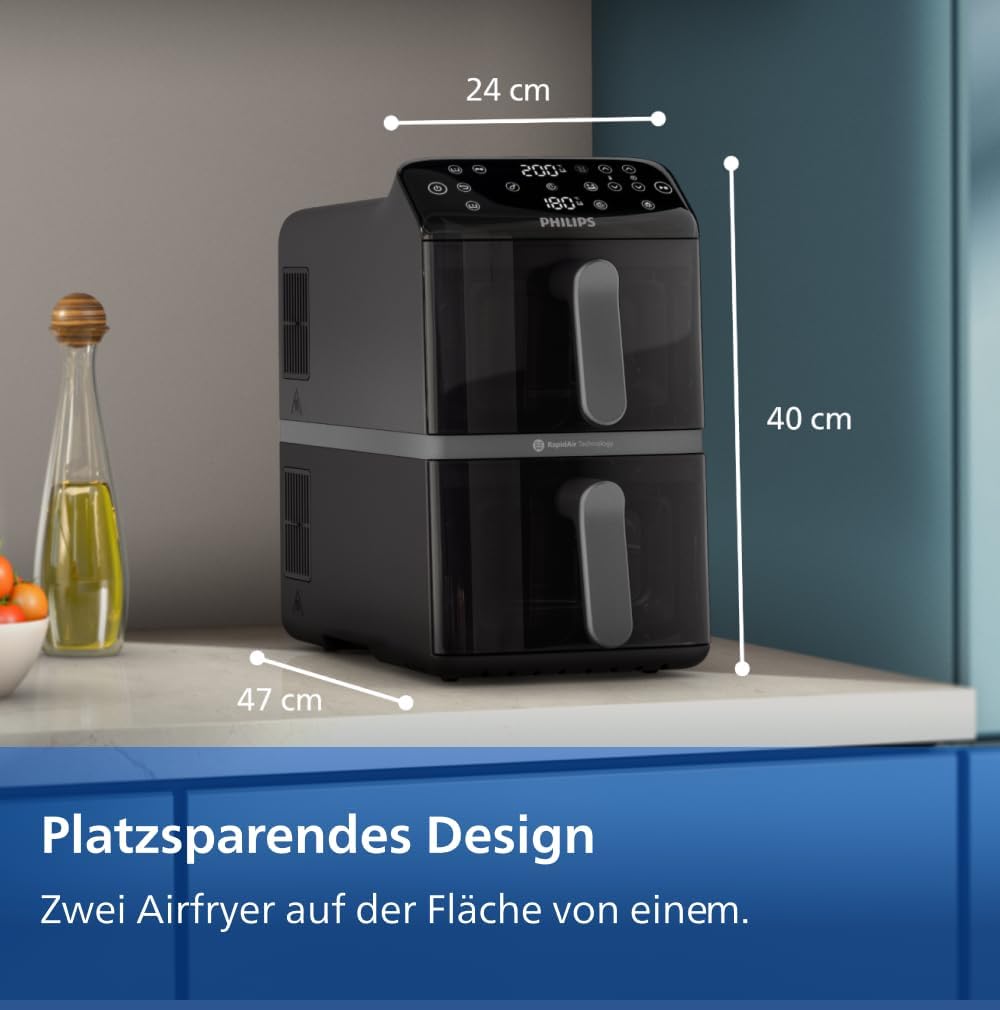 Philips Airfryer 4000 Series Stacked Dual Basket, Gestapelte Heißluftfritteuse 2 Kammern, 10L, RapidAir Technologie, 45% weniger Platzbedarf, PFAS-freie Keramikbeschichtung, Sichtfenster (NA460/00)