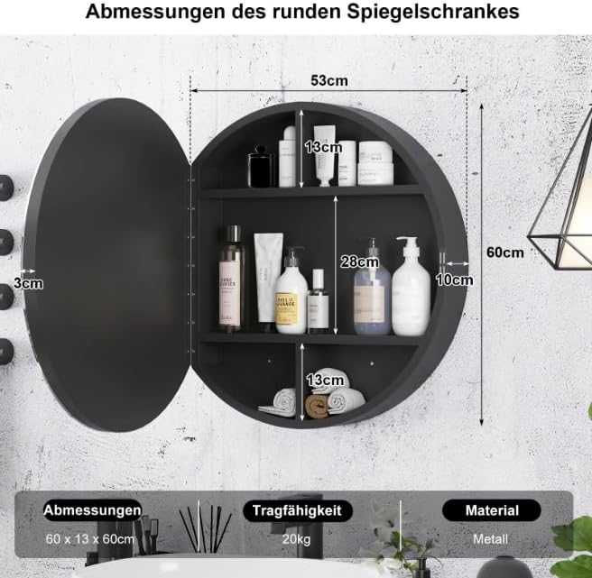Badezimmerschrank mit Licht,Spiegelschrank rund montagefrei mit Beleuchtung,LED-Spigelschrankschrank,Runder Schwarzer Metallrahmen,Spiegelschrank für Badezimmer,3 Lichtfarben, Antibeschlag,60x60cm