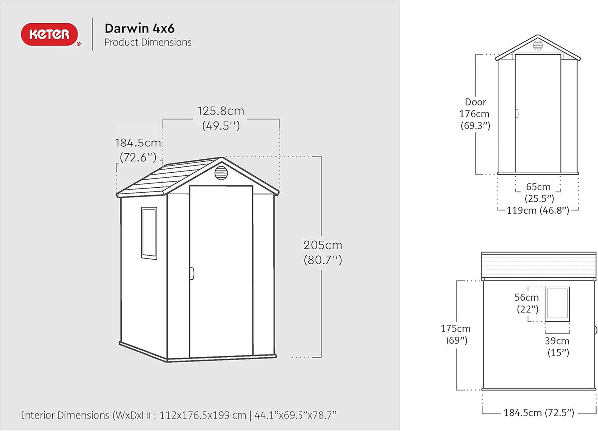 Keter Gerätehaus Darwin 4x6, Grau, Außenmaße 184,5x125,8x205cm, wartungsfrei, wetterfest, wasserdicht, mit Unterboden