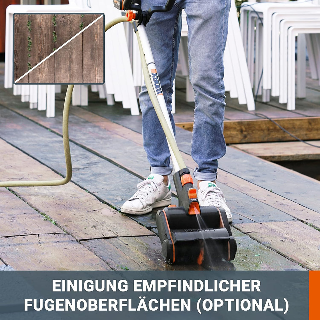 WORX WG441E Akku-Multi-Bürste 20V -multifunktionale Oberflächenbürste für Stein-& Holfzflächenreinigung & Unkrautentfernung -integrierter Wasseranschluss - inkl. 4Ah PowerShare Akku & Schnellladegerät
