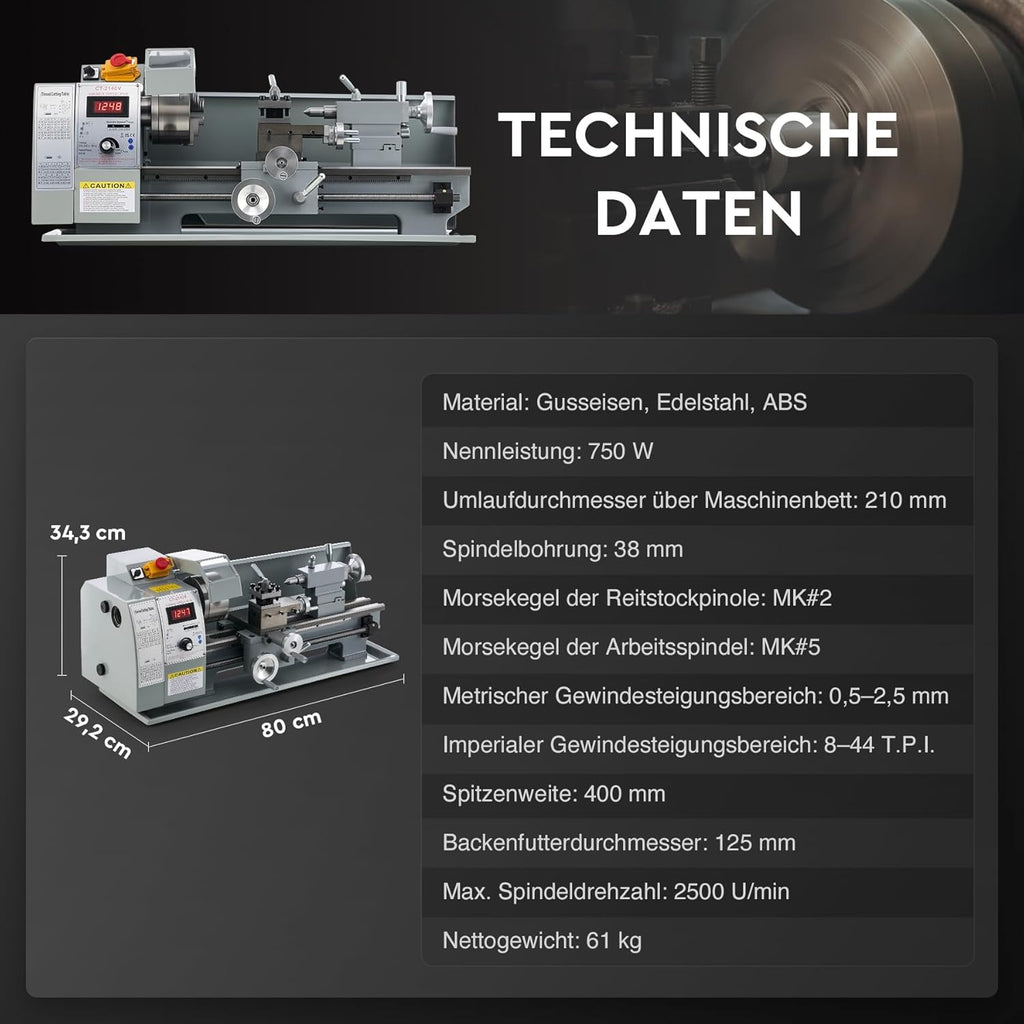 CREWORKS Metalldrehmaschine 750W Drehmaschine 8x16 Zoll Tischdrehmaschine 210x400MM Drehbank Metall 2500 RPM Mini-Metalldrehmaschine für Metallbearbeitung Metal Lathe (8 x 16 Zoll)
