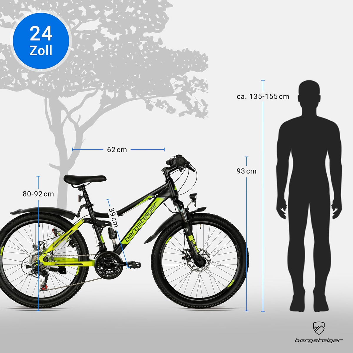 Bergsteiger Broome 24, 26 Zoll Kinderfahrrad, 21 Gang-Schaltung, StVZO, Mountainbike mit Vollfederung, Scheibenbremsen & Dynamo-Licht, geeignet für 8, 9, 10, 11, 12, 13 Jahre, Jungen & Mädchen